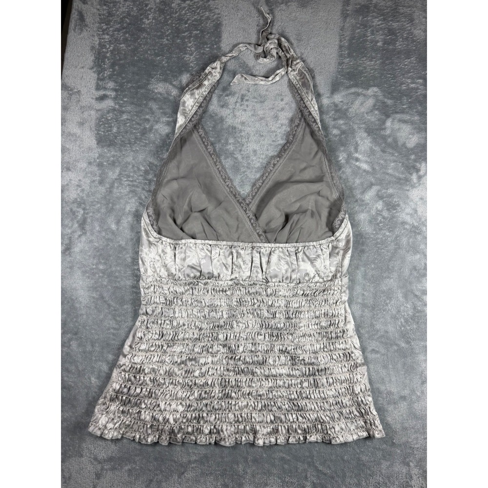 The Limited Silk Halter Top Grey Damask Lace Trim Smocked Back Blouse Womens M - Picture 3 of 9